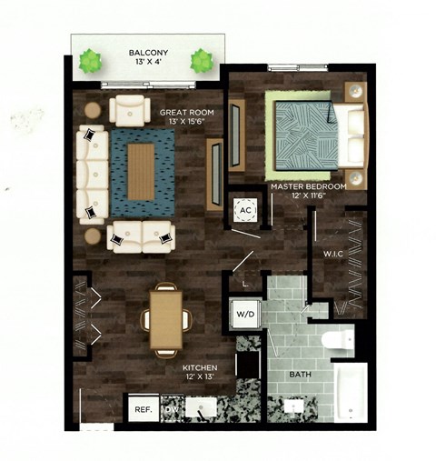 Floor plan for 1 bed, 1 bath, 852 sqft